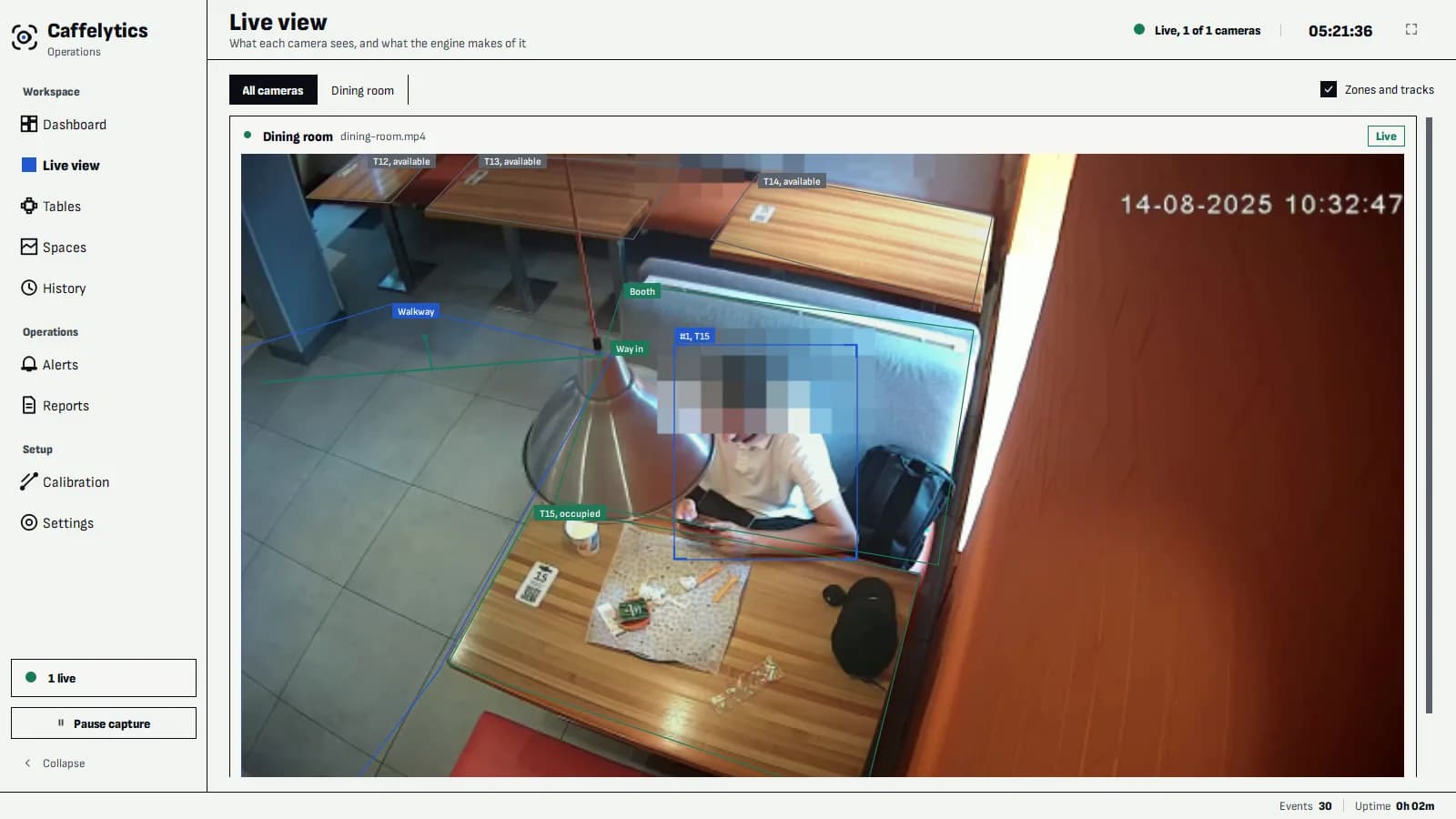 Caffelytics live view: a café camera picture with the tables, the zones and one seated customer outlined and labelled, the face pixelated.